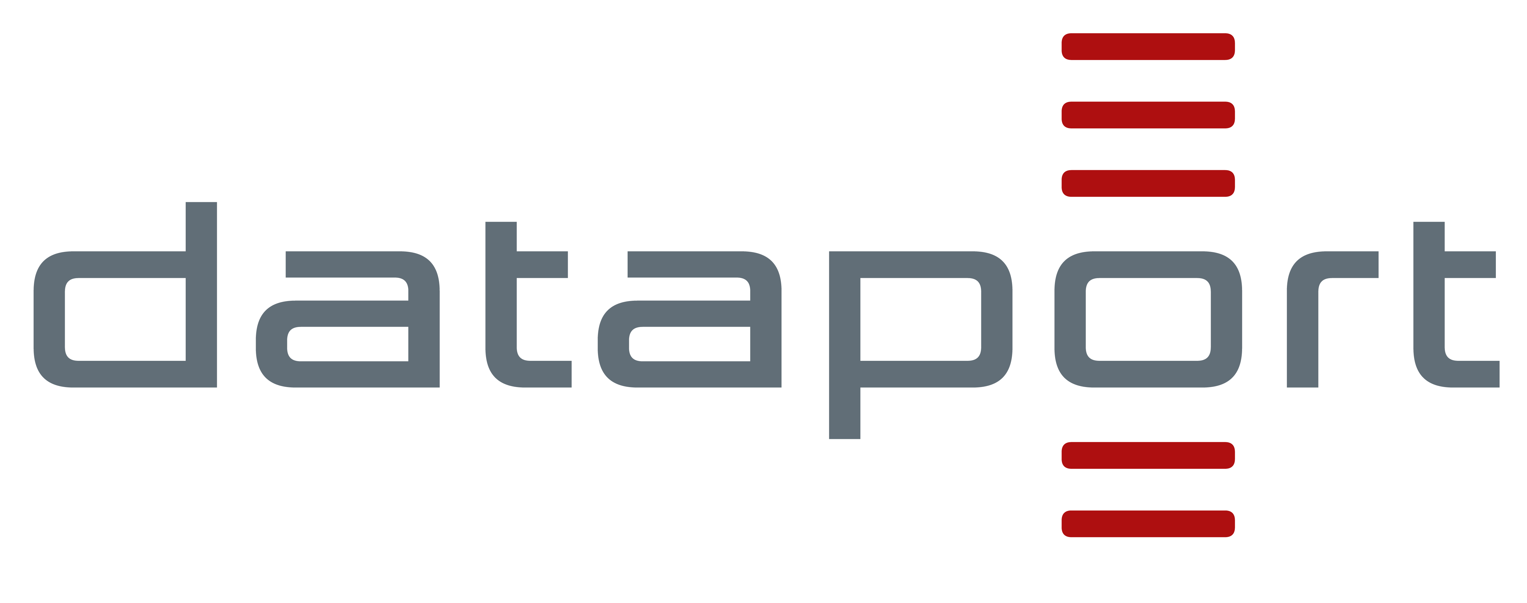 Dataport-Logo mit grauem Text und drei roten horizontalen Linien oben und unten neben dem "p".