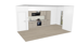 Moderne Einbauküche in Beige mit Backofen, Kochfeld, Mikrowelle und Spüle in einem hellen Raum mit Holzboden.