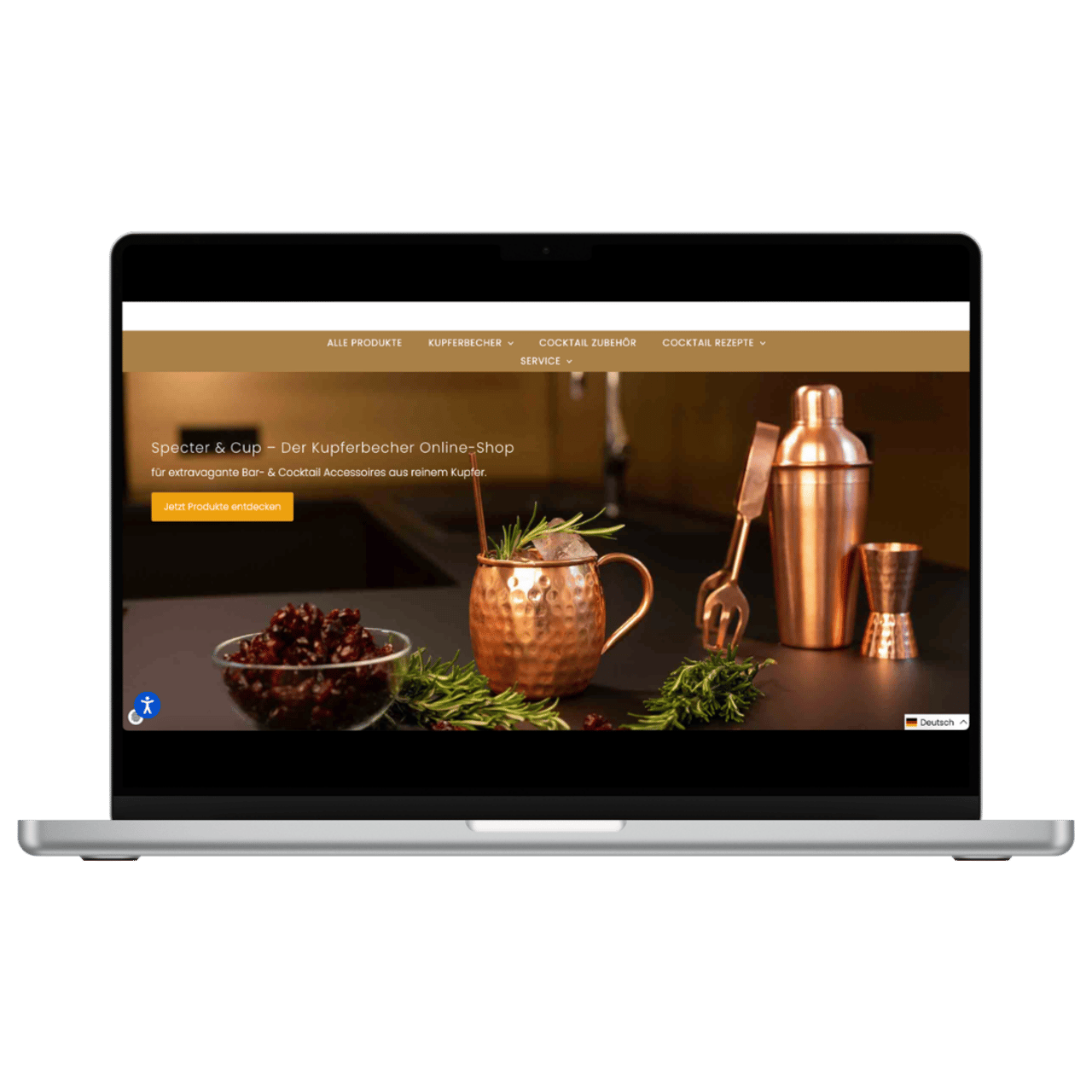 Laptop mit geöffnetem Online-Shop "Später & Cup" für Kupferbecher und Barzubehör.