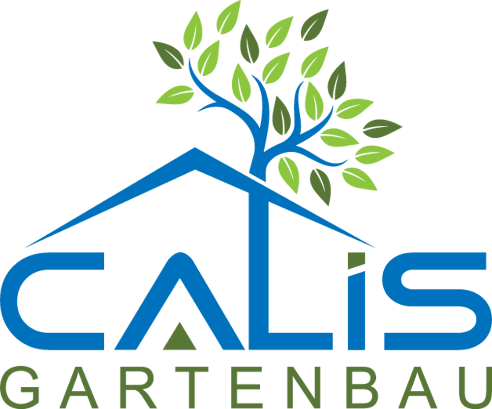 Logo: Blaues Dach über "CALIS", darunter "GARTENBAU" in Grün, hinter dem Dach ein Baum mit grünen Blättern.