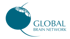 Blauer Globus mit Gehirnform und Text "GLOBAL BRAIN NETWORK" in Türkis.