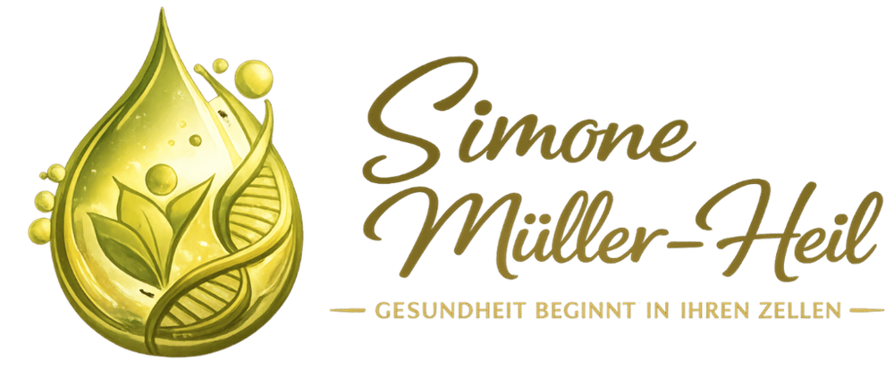 Logo: Gelber Tropfen mit Blättern und DNA-Strang; Text "Simone Müller-Heil. GESUNDHEIT BEGINNT IN IHREN ZELLEN".