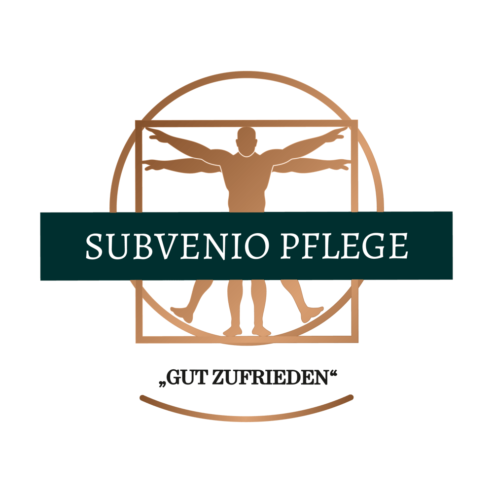 Logo von Subvenio Pflege mit vitruvianischem Menschen in Gold vor schwarzem Hintergrund und Slogan „Gut Zufrieden“.