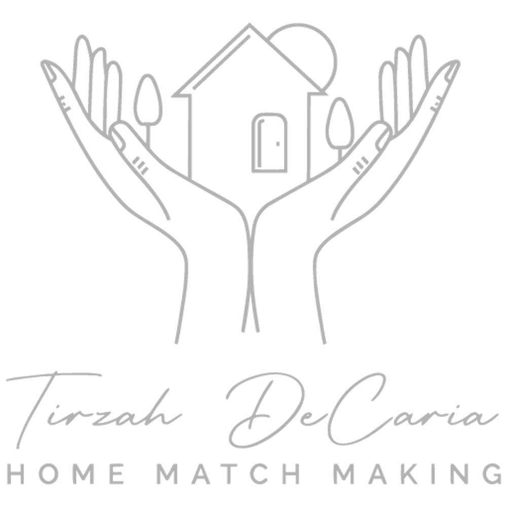 Outline drawing of two hands holding a house, trees, and sun. Text: Tirzah DeCaria Home Match Making.