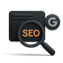 Lupe mit orangefarbenem „SEO“-Text vor einem Browserfenster und einem Google-„G“-Logo.