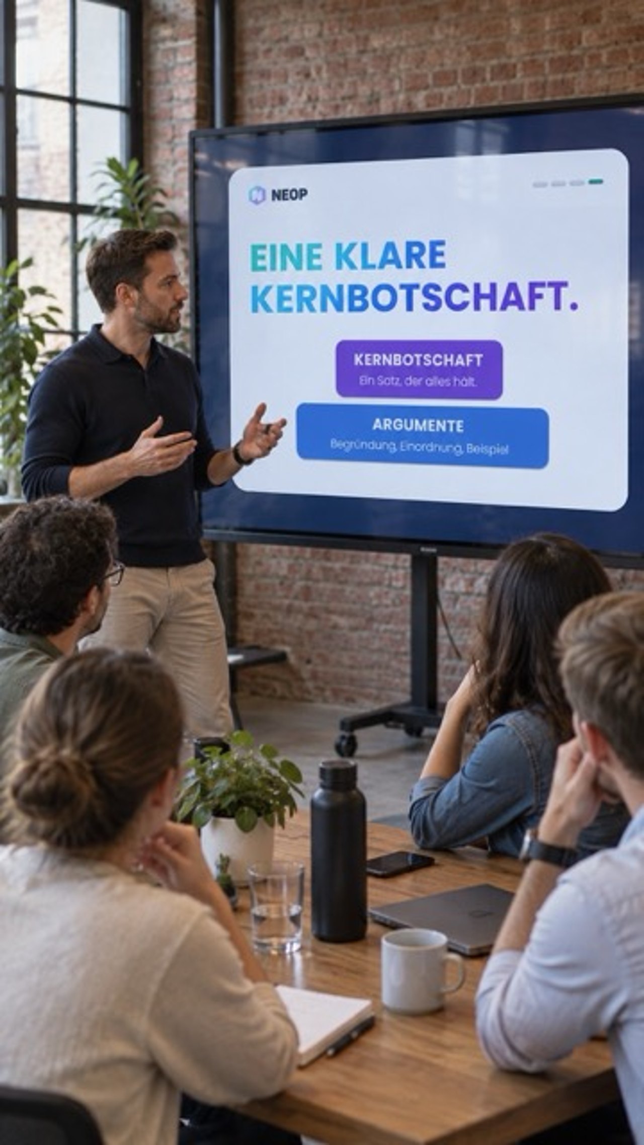 Tim Christopher Gasse erklärt im NEOP-Training das Prinzip der klaren Kernbotschaft am Bildschirm