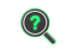 Lupe mit leuchtendem grünem Fragezeichen auf dunkelgrünem Hintergrund.