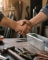 Zwei Handwerker geben sich über einer Werkbank mit Hammer, Zange und Metallteilen die Hand.