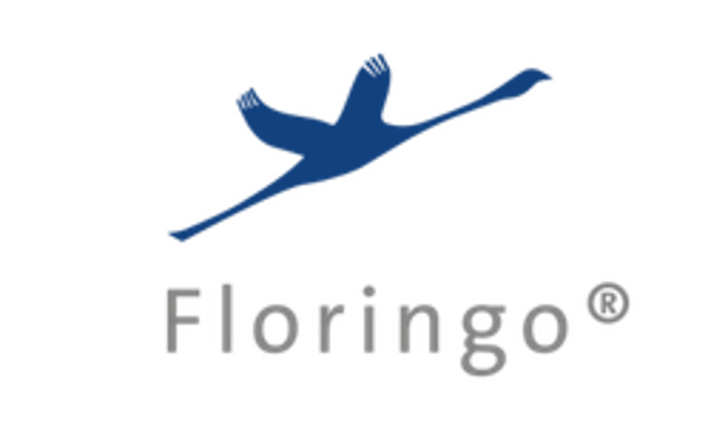 Floringo Logo mit stilisiertem blauen Vogel und grauem Schriftzug "Floringo®".