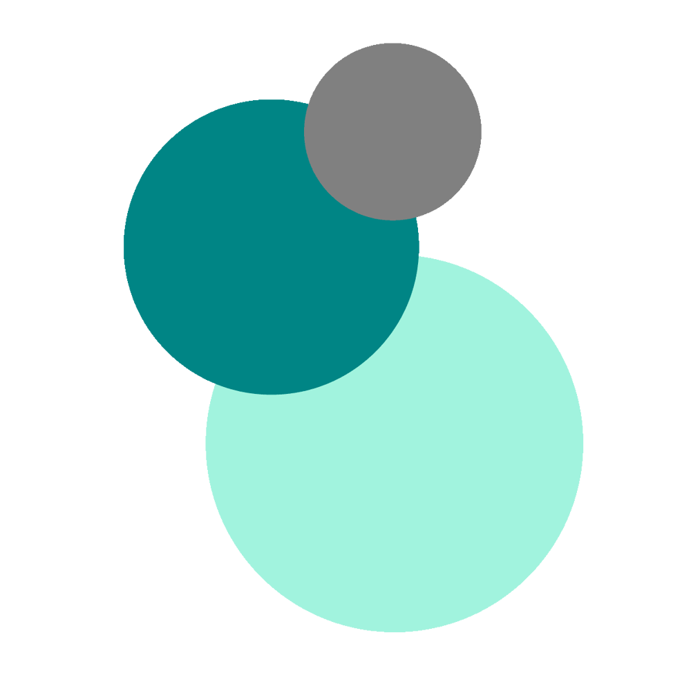 Drei farbige Kreise: Türkis, Hellblau und Grau, überlappen sich auf dunklem Hintergrund.