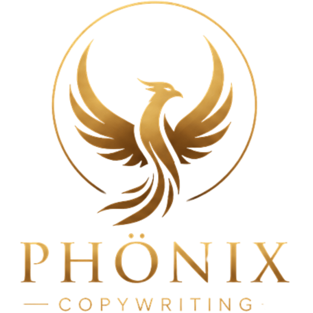 Goldener Phönix in einem Kreis über dem Text "PHÖNIX COPYWRITING" auf grünem Hintergrund.