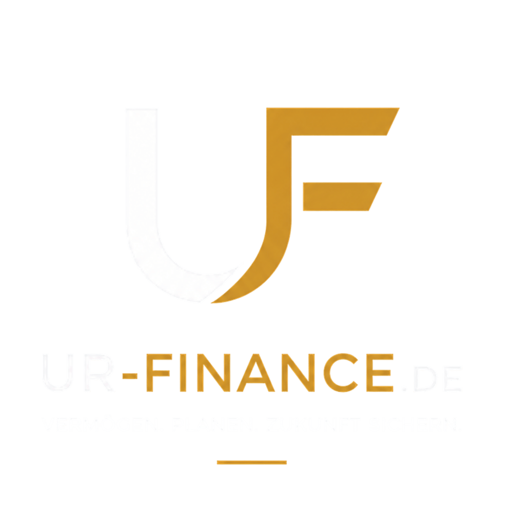 Logo von UR-FINANCE.DE mit UF-Symbol und Slogan Vermögen planen, Zukunft sichern auf schwarzem Grund.