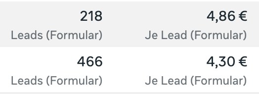 Meta Ads: 218 und 466 Leads zu 4,86 € und 4,30 € pro Lead