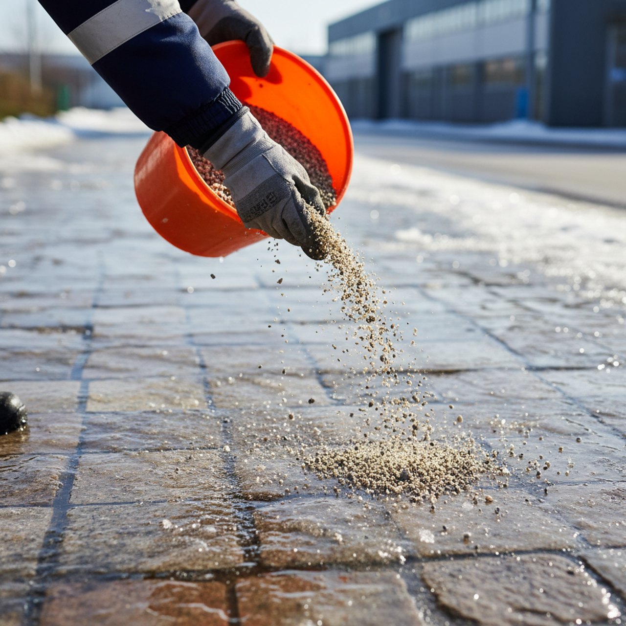 Streugut wird auf Gehweg gestreut