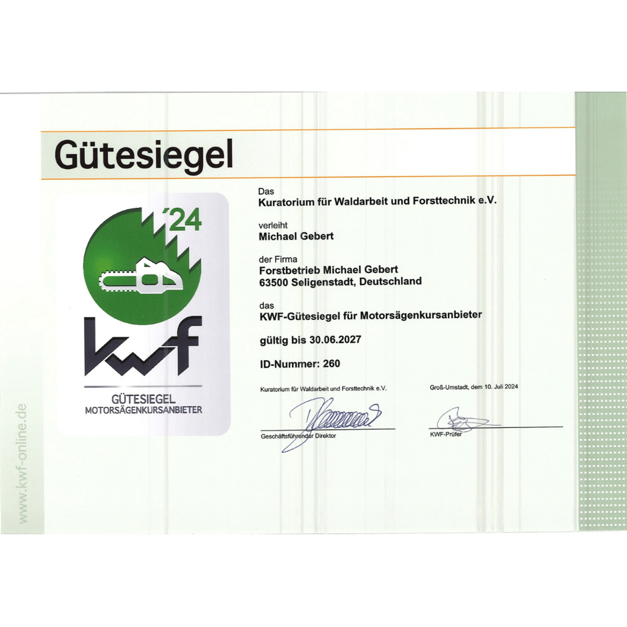 KWF-Gütesiegel für Motorsägenkursanbieter