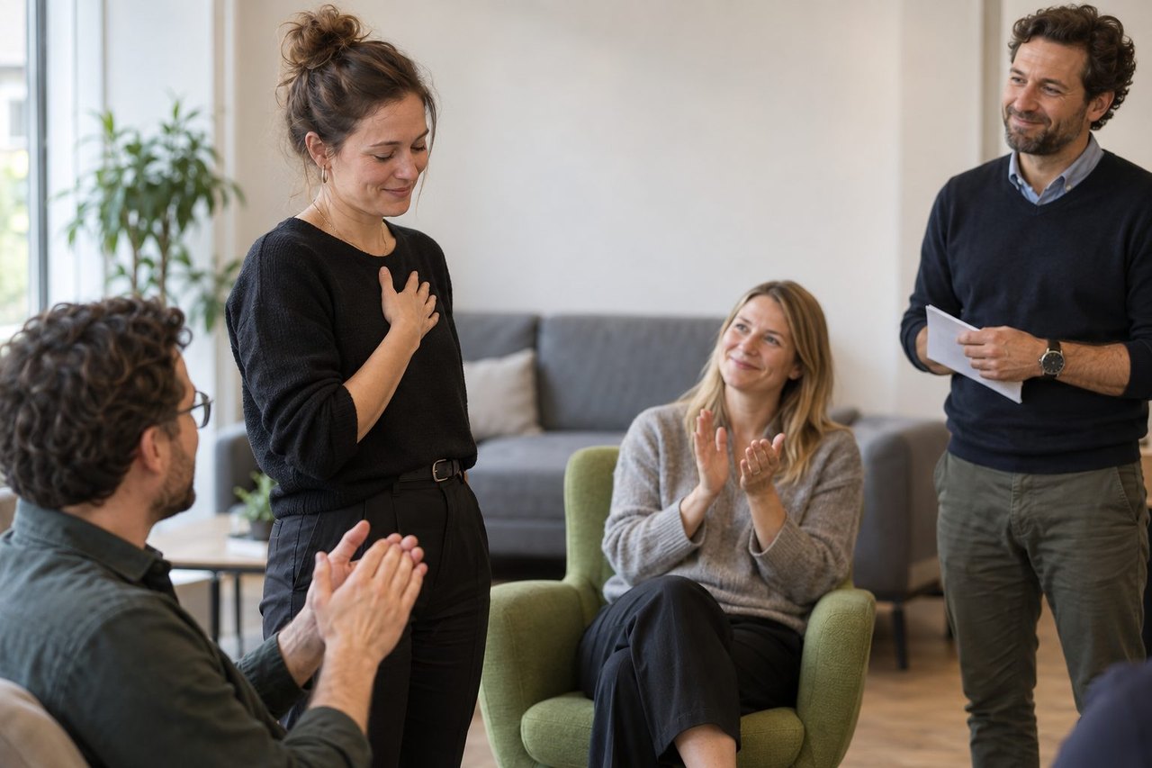 Teilnehmende applaudieren einer Frau nach einer Redeübung
