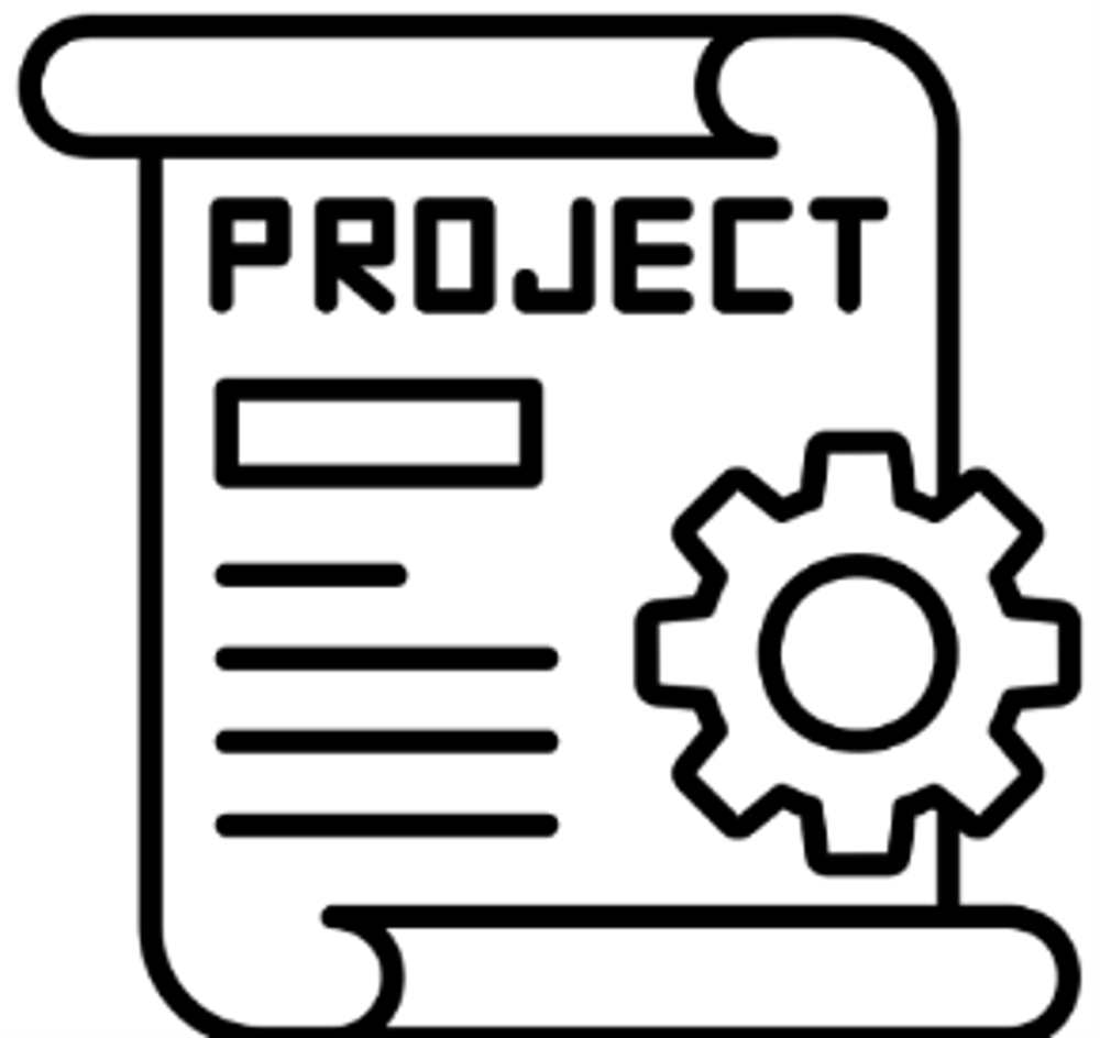 Schwarze Linienzeichnung einer Schriftrolle mit dem Text PROJECT und einem Zahnrad-Symbol für Projektmanagement.