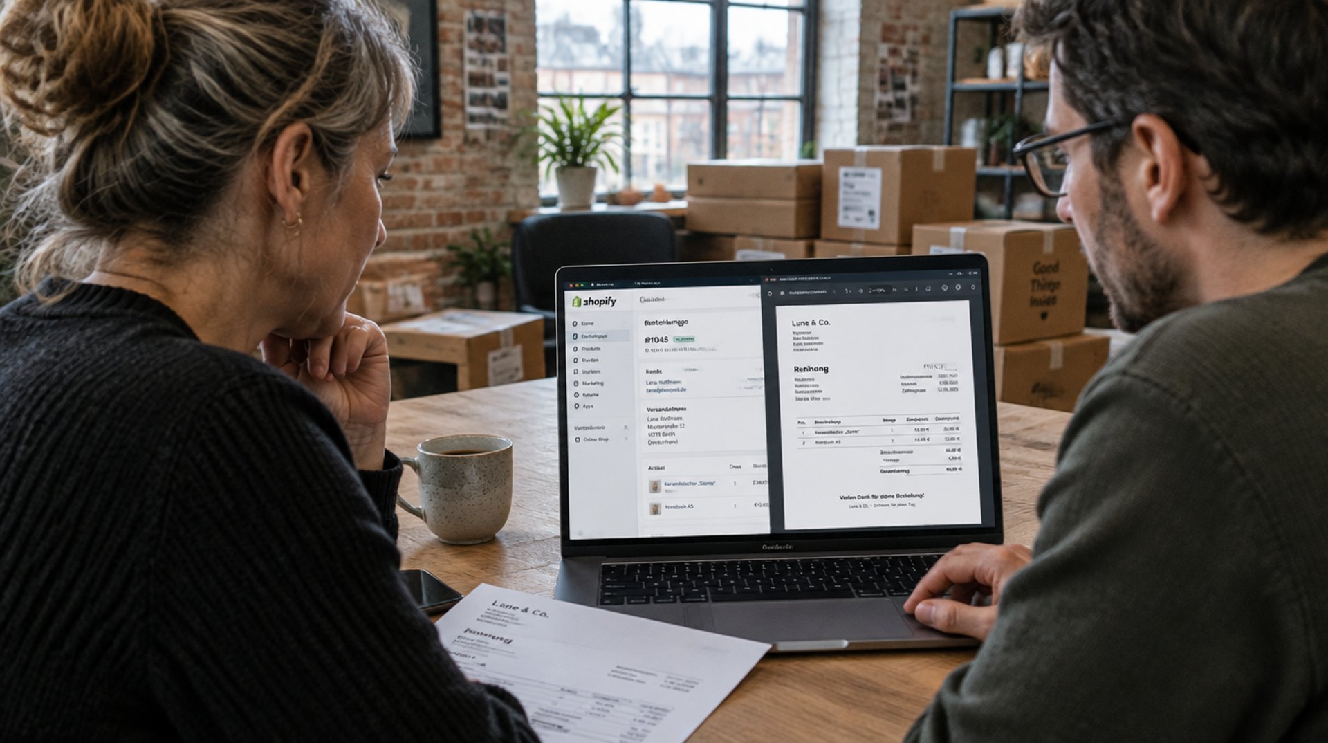 Shop-Inhaberin und Shopify Freelancer in einem Berliner Loft am Laptop, auf dem Bildschirm eine Bestellung im Shopify-Admin und eine Rechnung als PDF