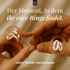 Hände halten Eheringe, umgeben von zwei Blasen mit weiteren Ringpaaren. Text: "Der Moment, in dem ihr eure Ringe findet. Jetzt Termin vereinbaren."