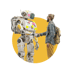 A man with a backpack shakes hands with a white robot covered in colorful sticky notes, on a yellow circle.