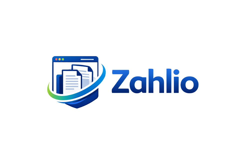 Zahlio-Logo mit stilisiertem Schild, Webbrowser und Dokumenten.