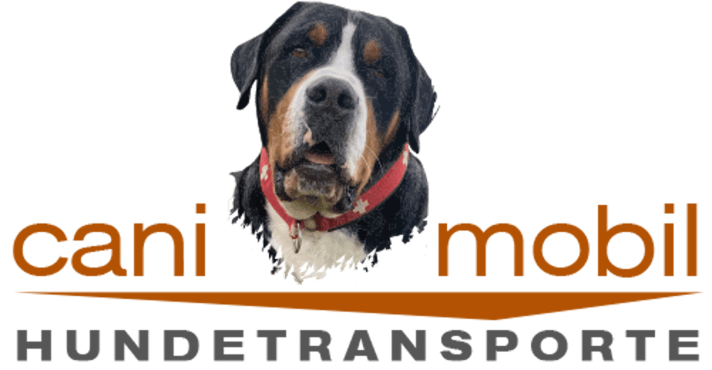Hund mit rotem Halsband, darüber "cani mobil", darunter "HUNDETRANSPORTE".
