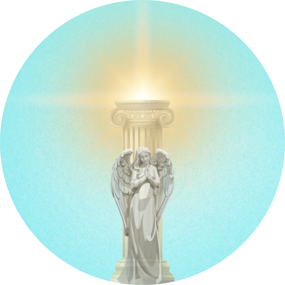 Ein betender Marmorengel steht vor einer ionischen Säule mit einem hellen Lichtstrahl darüber.