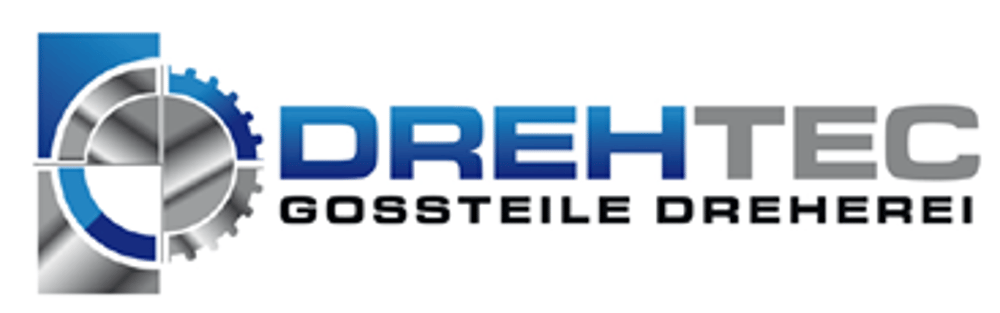 Logo mit blauem Zahnrad und einem Kreis, der in vier Quadranten geteilt ist, daneben der Text DREHTEC GOSSTEILE DREHEREI.