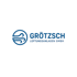 Blaues Logo der Grötzsch Lüftungsanlagen GmbH mit einem kreisförmigen Wind-Symbol auf schwarzem Hintergrund.