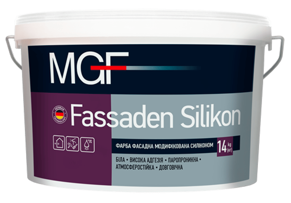 Відро фарби MGF Fassaden Silikon 14 кг, біла, модифікована силіконом.