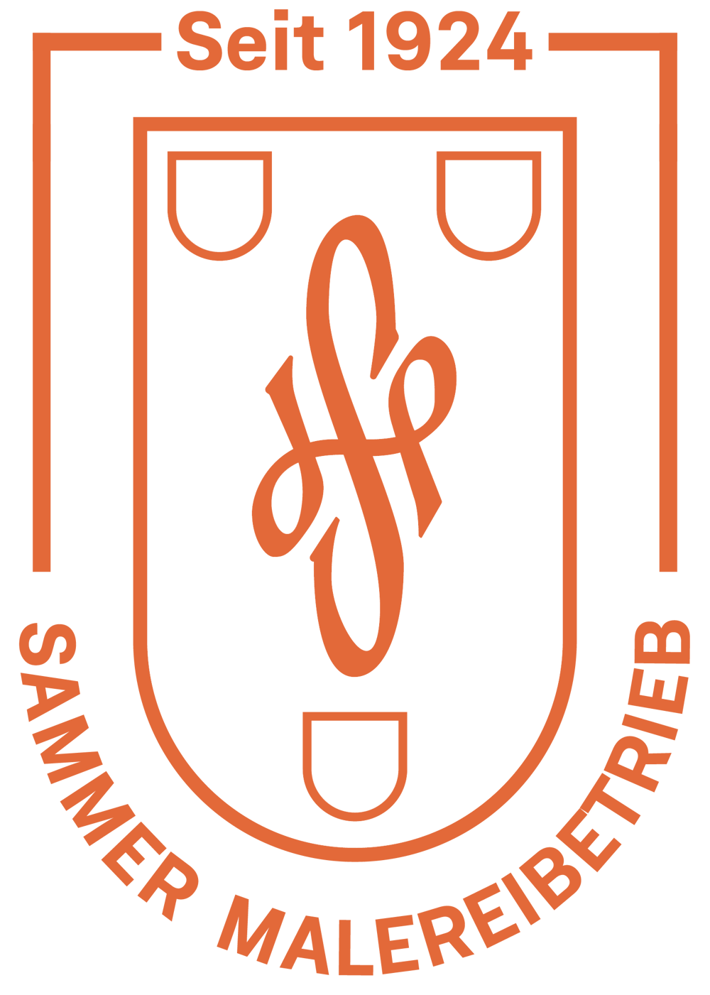 Orange-weißes Logo: „Seit 1924“ über einem Schild mit „SAMMER MALEREIBETRIEB“ und Monogramm.