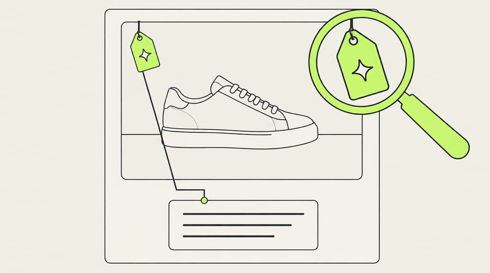 Illustration: Produktkachel eines Onlineshops mit einem kleinen Etikett in Lime an der Ecke des Produktbilds, daneben eine Lupe