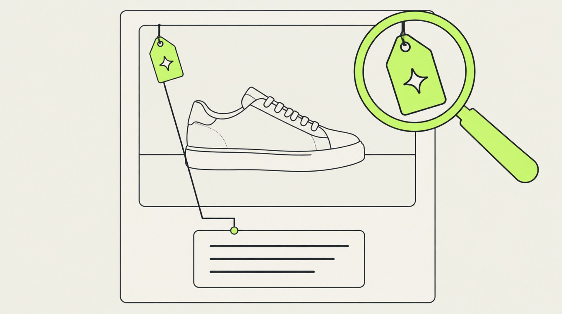 Illustration: Produktkachel eines Onlineshops mit einem kleinen Etikett in Lime an der Ecke des Produktbilds, daneben eine Lupe