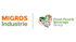 Migros Industrie und Fresh Food & Beverage Group Logos auf grünem Hintergrund.