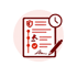 Rotes Dokument-Icon mit Schild, Richterhammer, Uhr und Stift auf weißem Kreis vor schwarzem Hintergrund - Software für Stabsarbeit - Notfall- und Krisenmanager (NKM®).