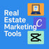 "Real Estate Marketing Tools" text with icons for laptop, "C" for Canva, and video editing for CapCut.