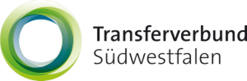 Logo: Ein grüner Kreis mit blauen Akzenten und dem Text "Transferverbund Südwestfalen".
