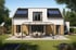 Modernes Einfamilienhaus mit Solarmodulen, Terrasse, Pergola, Gartenmöbeln und Spielplatz.