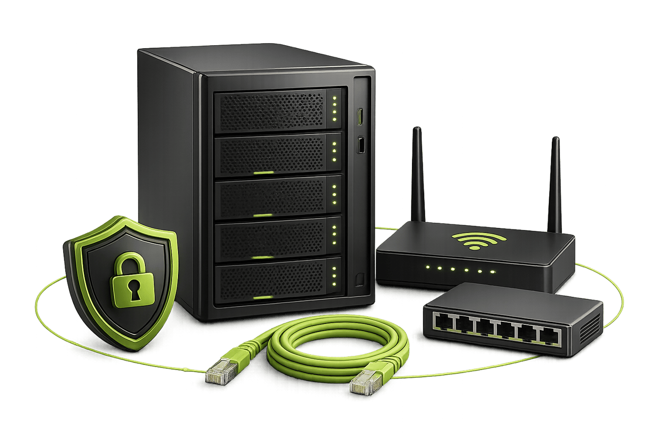 NAS-Server neben Router und Switch, verbunden mit LAN-Kabeln, als Sinnbild für das Netzwerk einer Arztpraxis