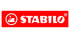 Stabilo Logo mit weißer Schrift und Schwanen-Symbol auf rotem rechteckigem Hintergrund.