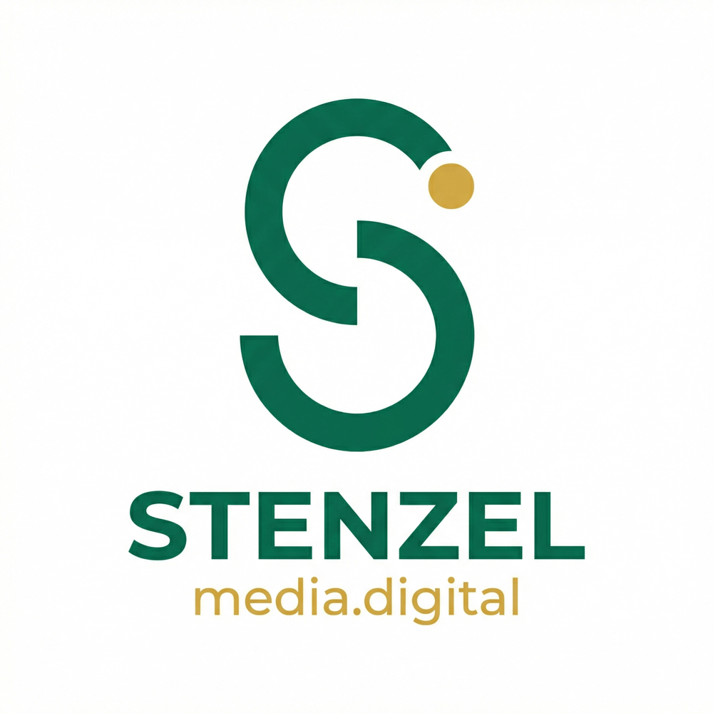 Grün-goldenes S-förmiges Logo mit dem Text "STENZEL media.digital" darunter.