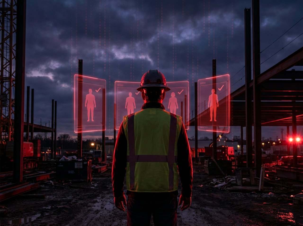 Bauarbeiter mit Helm vor digitalen Bewerberprofilen – Mitarbeitergewinnung im Handwerk