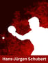Weiße Silhouette eines Tischtennisspielers auf rotem Hintergrund mit dem Namen "Hans-Jürgen Schubert".