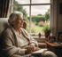 Ältere Frau mit weißem Haar sitzt in einem Sessel, liest ein Buch und blickt aus dem Fenster in einen Garten.