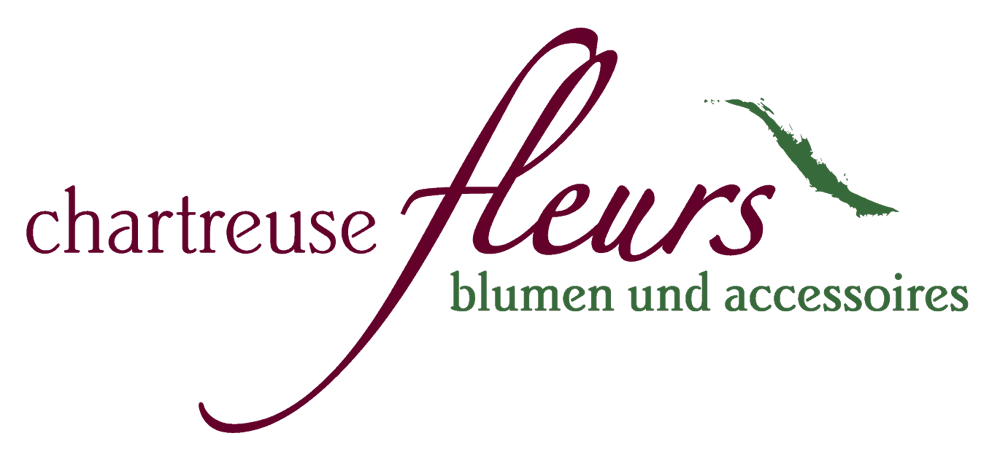 Schriftzug „chartreuse fleurs blumen und accessoires“ in Dunkelrot und Grün auf dunkelgrünem Hintergrund.