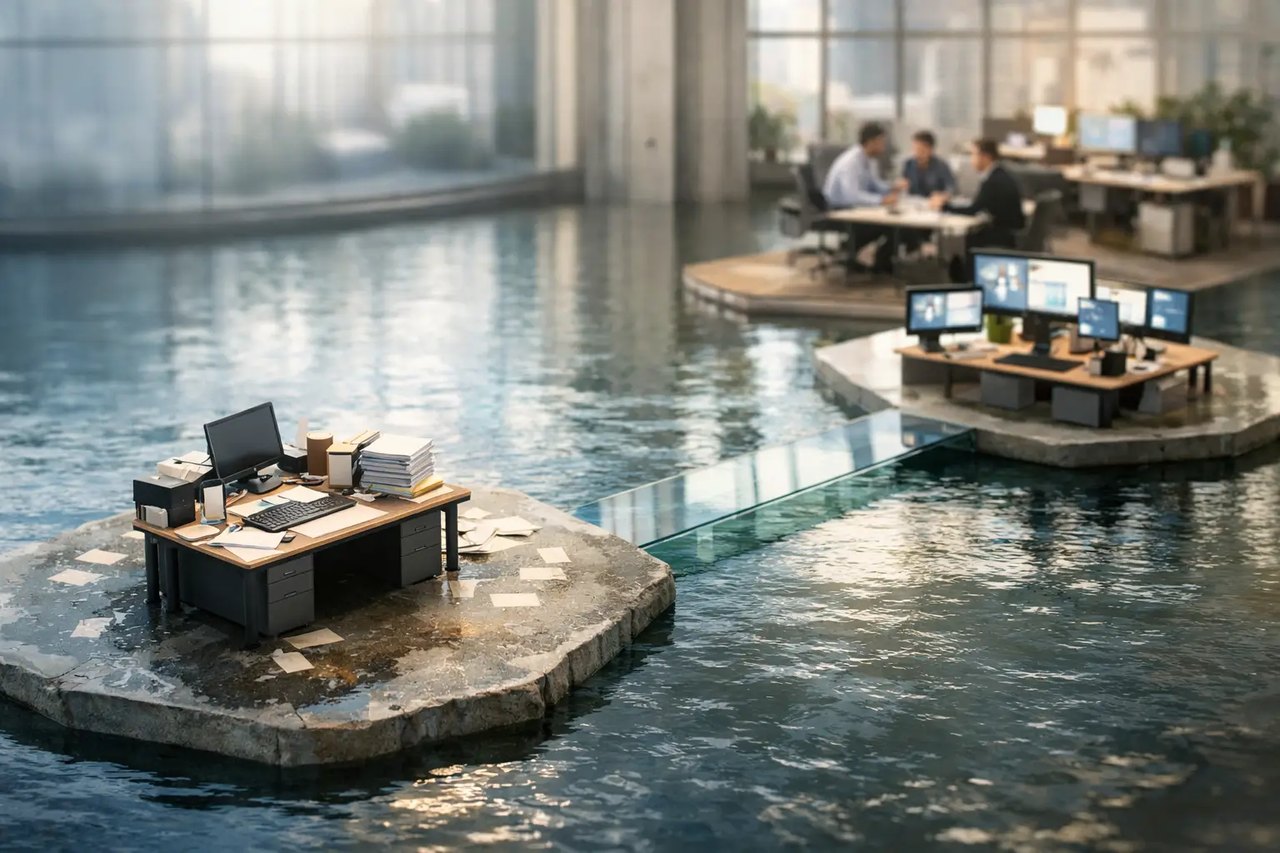 Überflutetes Büro mit Schreibtisch-Inseln auf Betonplattformen im Wasser und arbeitenden Menschen im Hintergrund.