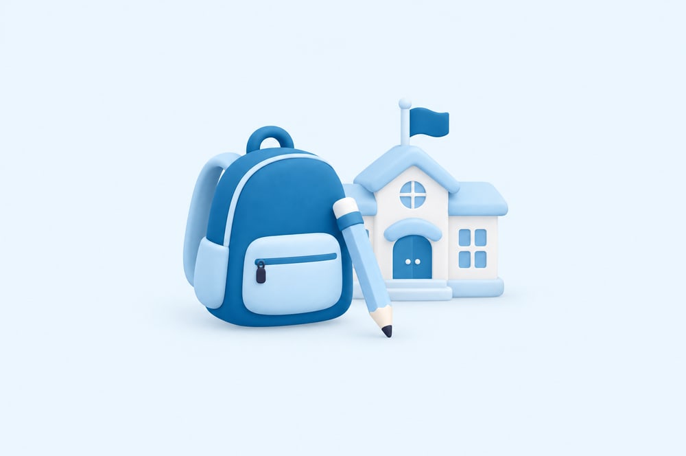 Illustration: Schulrucksack, Stift und Schulgebäude