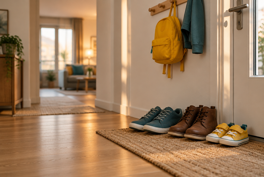 Schuhe von Erwachsenen und Kinderschuhe nebeneinander an der Haustür, gelber Kinderrucksack am Haken
