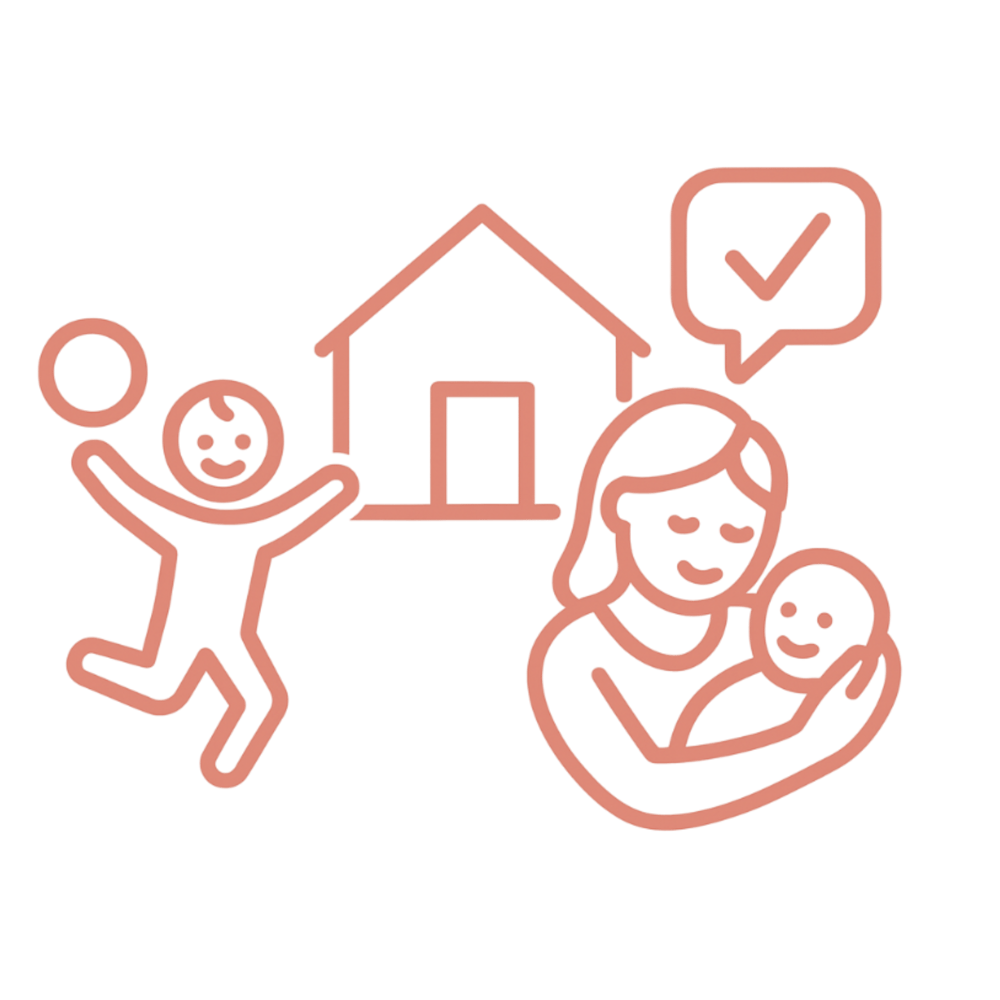 Ein spielendes Kind, ein Haus und eine Frau, die ein Baby hält, mit einem Häkchen in einer Sprechblase.