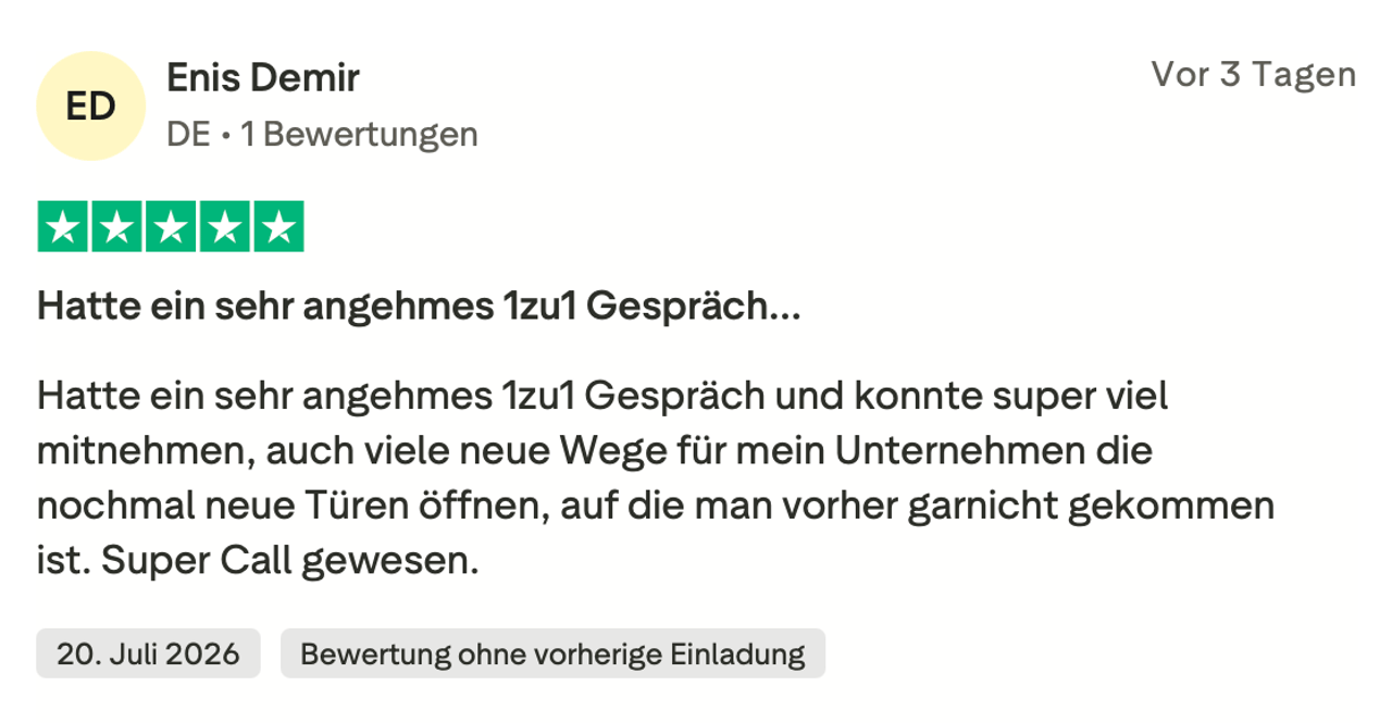 Trustpilot-Rezension von Enis Demir